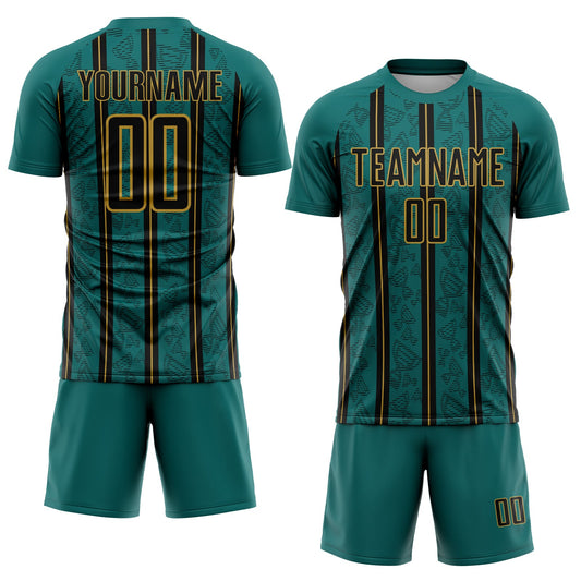 Custom Teal Black-Old Gold Stripe Line Sublimation Soccer Uniform Jersey