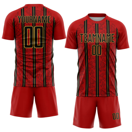 Custom Red Black-Old Gold Stripe Line Sublimation Soccer Uniform Jersey