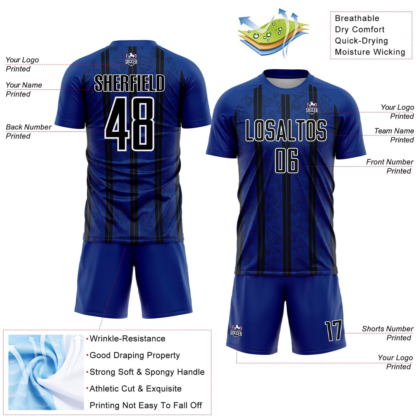 Custom Royal Black-White Stripe Line Sublimation Soccer Uniform Jersey