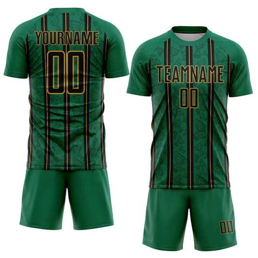 Custom Kelly Green Black-Old Gold Stripe Line Sublimation Soccer Uniform Jersey