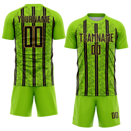 Custom Neon Green Black-Old Gold Stripe Line Sublimation Soccer Uniform Jersey