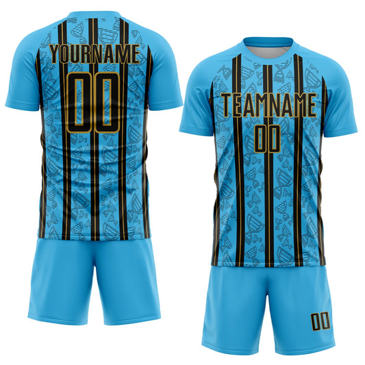 Custom Sky Blue Black-Old Gold Stripe Line Sublimation Soccer Uniform Jersey