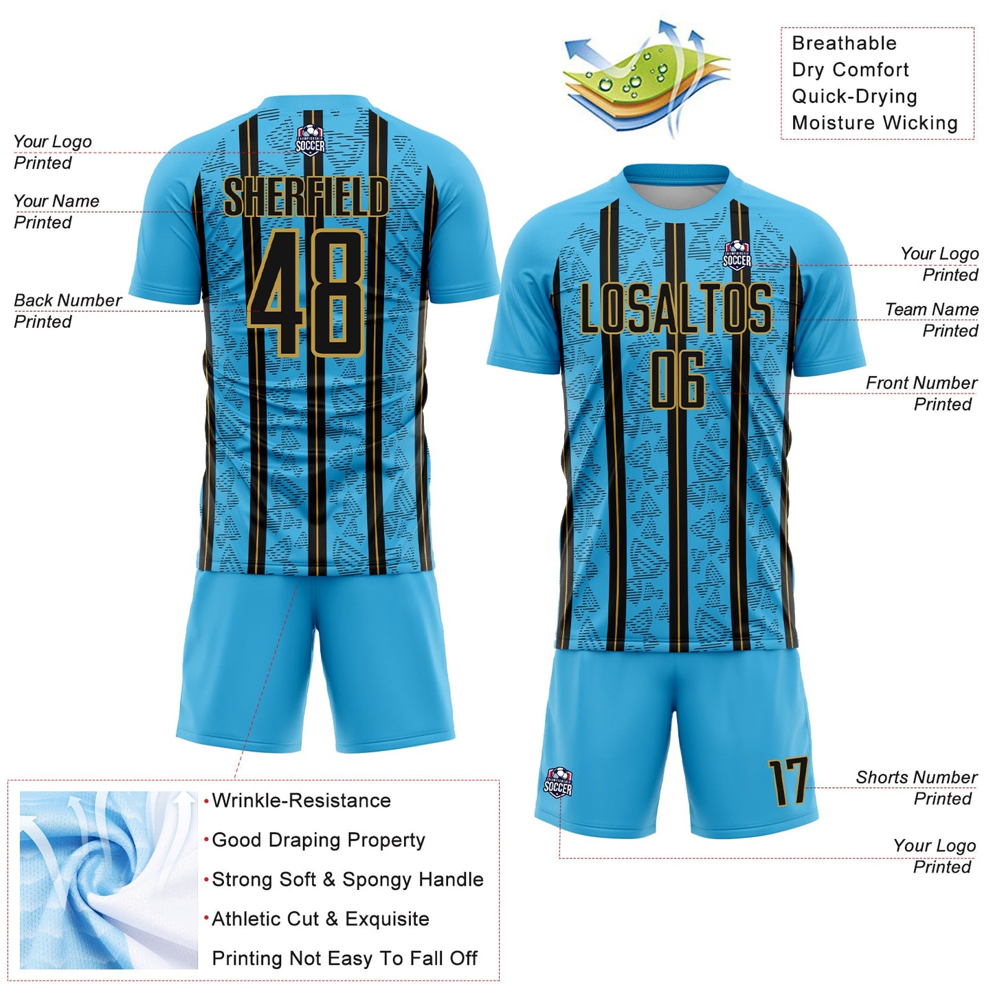 Custom Sky Blue Black-Old Gold Stripe Line Sublimation Soccer Uniform Jersey