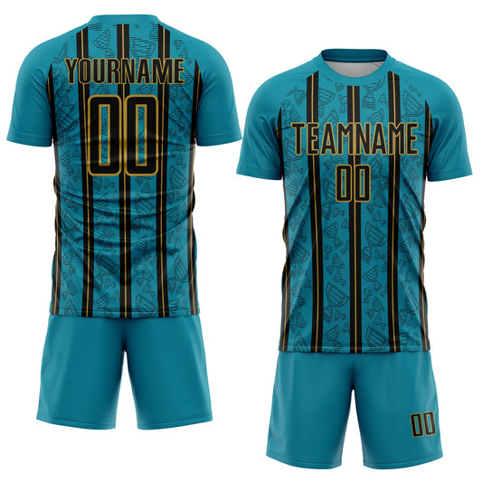 Custom Teal Black-Old Gold Stripe Line Sublimation Soccer Uniform Jersey