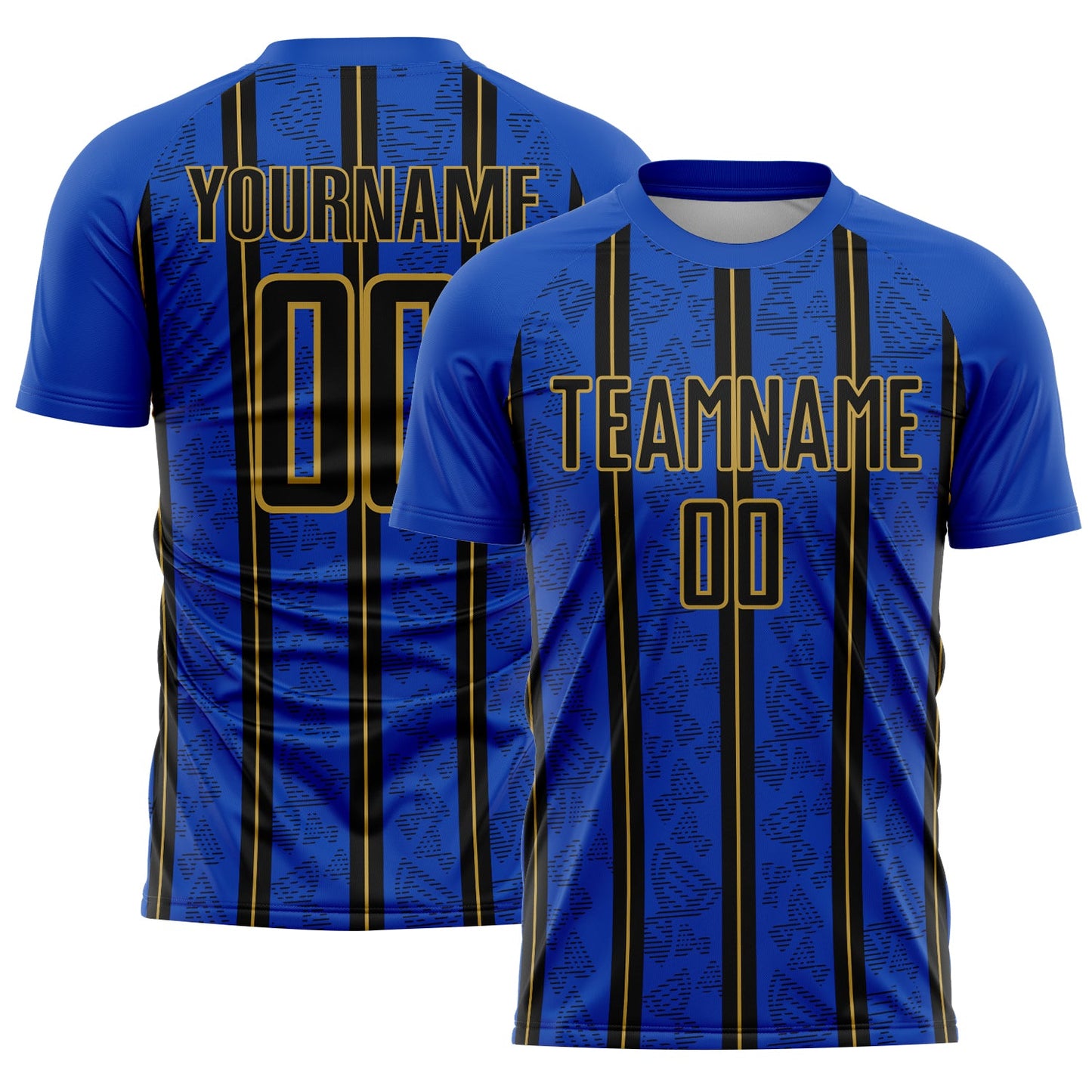 Custom Thunder Blue Black-Old Gold Stripe Line Sublimation Soccer Uniform Jersey