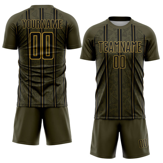 Custom Olive Black-Old Gold Stripe Line Sublimation Salute To Service Soccer Uniform Jersey