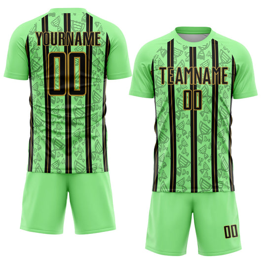 Custom Pea Green Black-Old Gold Stripe Line Sublimation Soccer Uniform Jersey