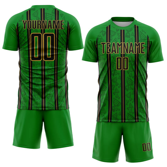 Custom Grass Green Black-Old Gold Stripe Line Sublimation Soccer Uniform Jersey
