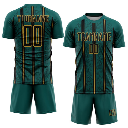 Custom Midnight Green Black-Old Gold Stripe Line Sublimation Soccer Uniform Jersey