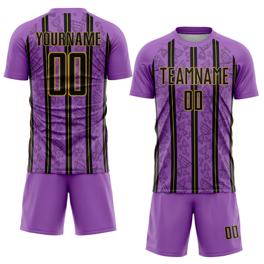 Custom Medium Purple Black-Old Gold Stripe Line Sublimation Soccer Uniform Jersey
