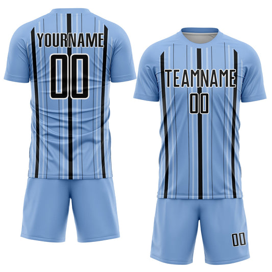 Custom Light Blue Black-White Stripe Sublimation Soccer Uniform Jersey