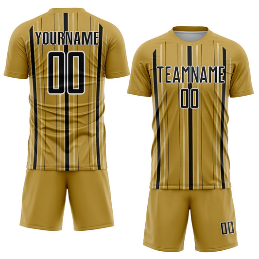 Custom Old Gold Black-White Stripe Sublimation Soccer Uniform Jersey