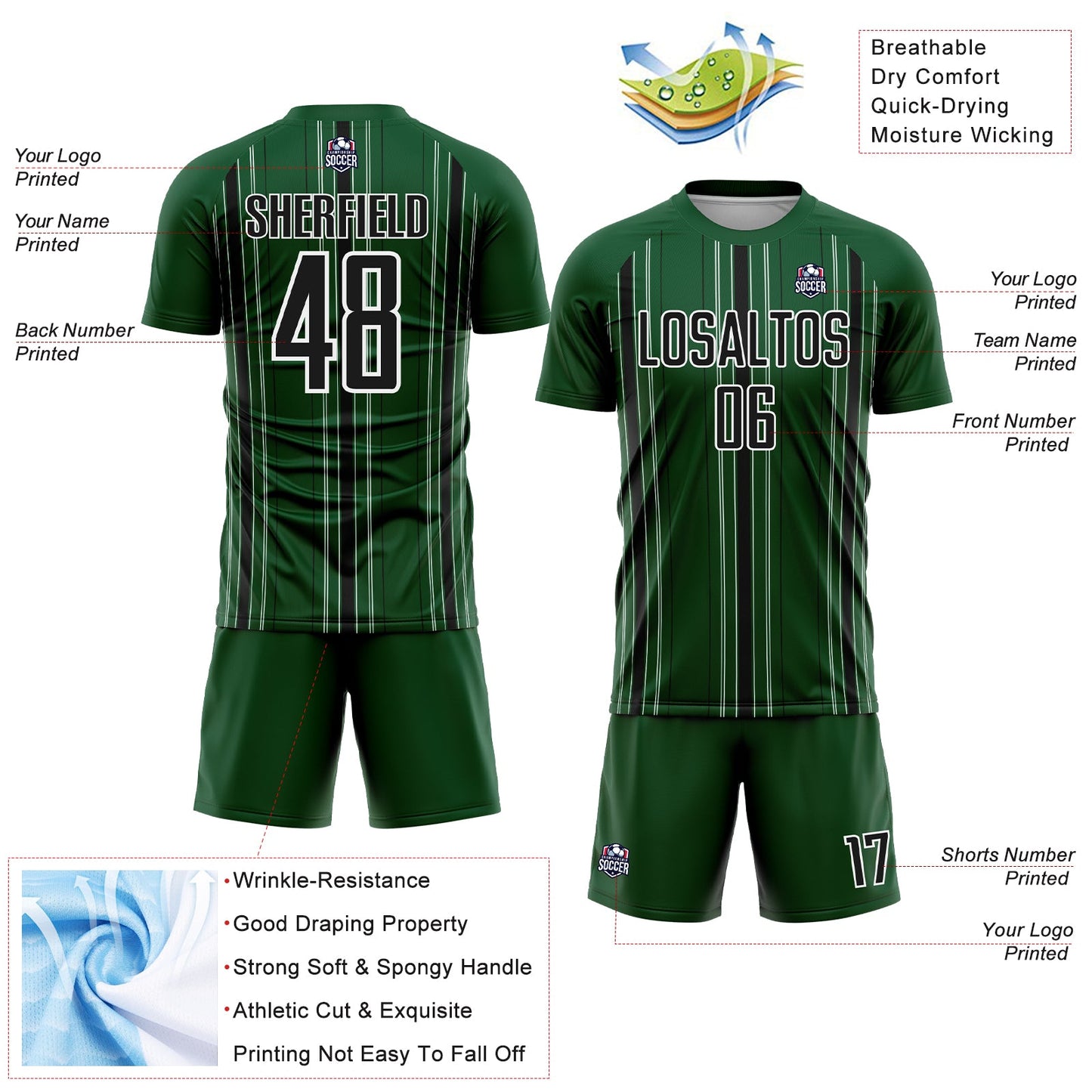 Custom Green Black-White Stripe Sublimation Soccer Uniform Jersey