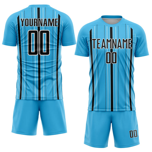 Custom Sky Blue Black-White Stripe Sublimation Soccer Uniform Jersey