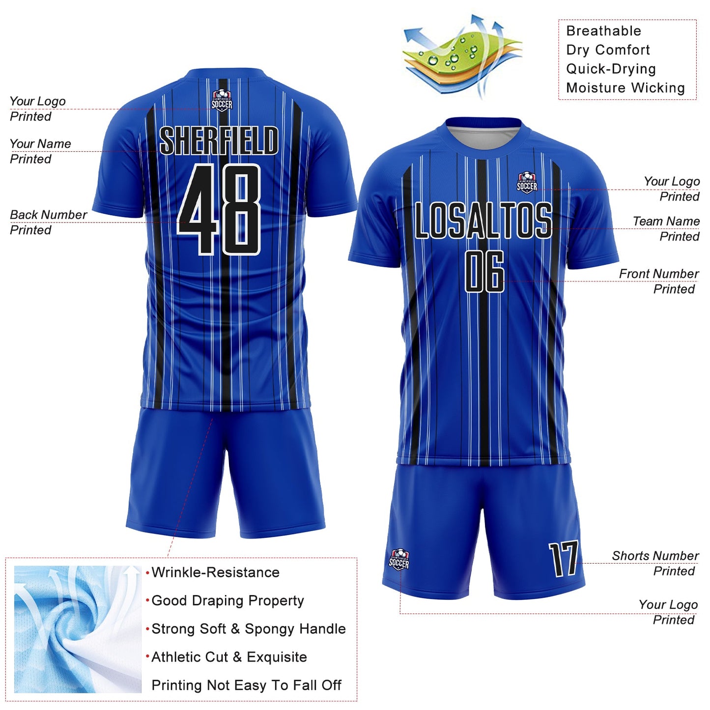 Custom Thunder Blue Black-White Stripe Sublimation Soccer Uniform Jersey
