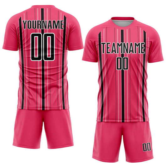 Custom Neon Pink Black-White Stripe Sublimation Soccer Uniform Jersey