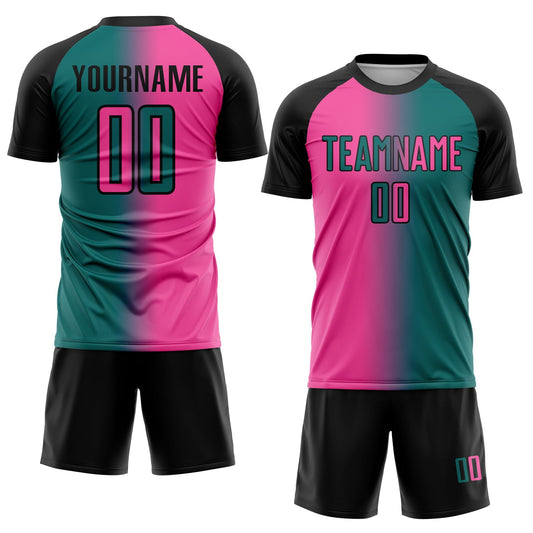 Custom Teal Pink-Black Sublimation Gradient Fashion Soccer Uniform Jersey