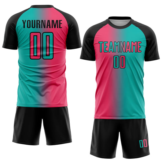 Custom Aqua Neon Pink-Black Sublimation Gradient Fashion Soccer Uniform Jersey
