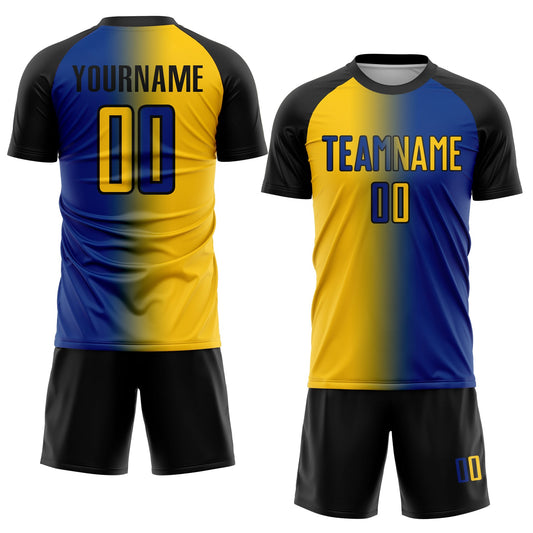 Custom Royal Yellow-Black Sublimation Gradient Fashion Soccer Uniform Jersey