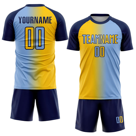 Custom Light Blue Yellow-Navy Sublimation Gradient Fashion Soccer Uniform Jersey