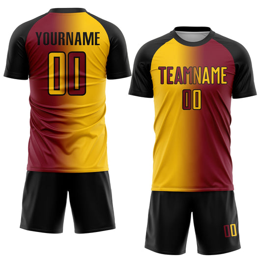 Custom Crimson Yellow-Black Sublimation Gradient Fashion Soccer Uniform Jersey