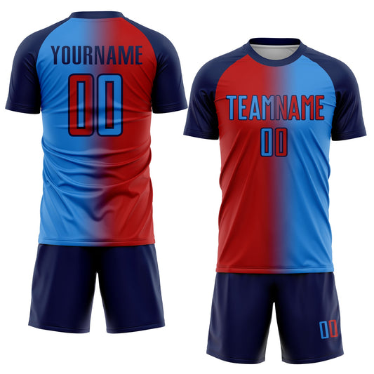 Custom Powder Blue Red-Navy Sublimation Gradient Fashion Soccer Uniform Jersey
