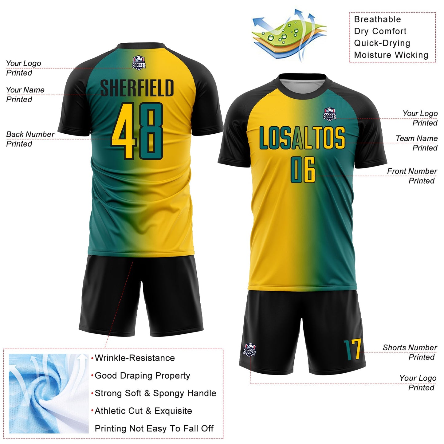Custom Teal Yellow-Black Sublimation Gradient Fashion Soccer Uniform Jersey