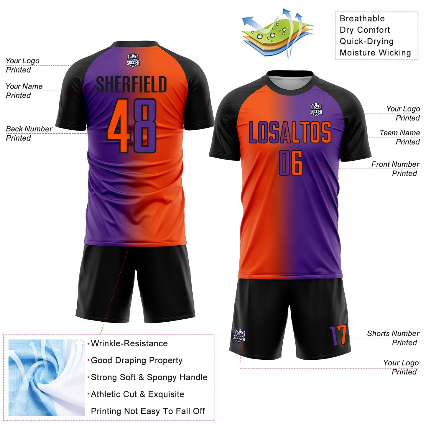 Custom Purple Orange-Black Sublimation Gradient Fashion Soccer Uniform Jersey