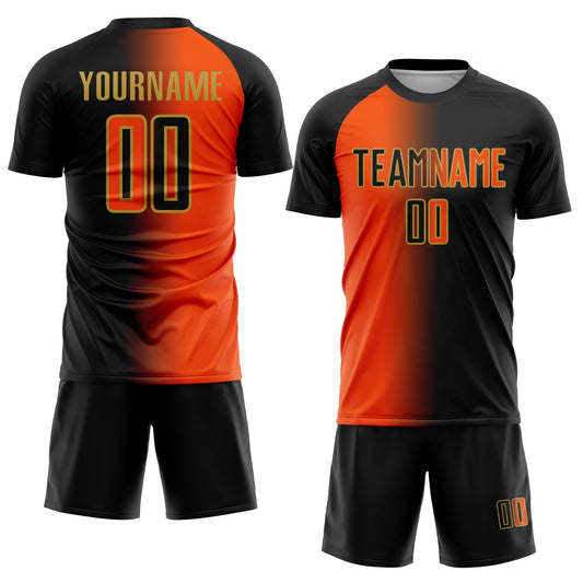 Custom Black Orange-Old Gold Sublimation Gradient Fashion Soccer Uniform Jersey