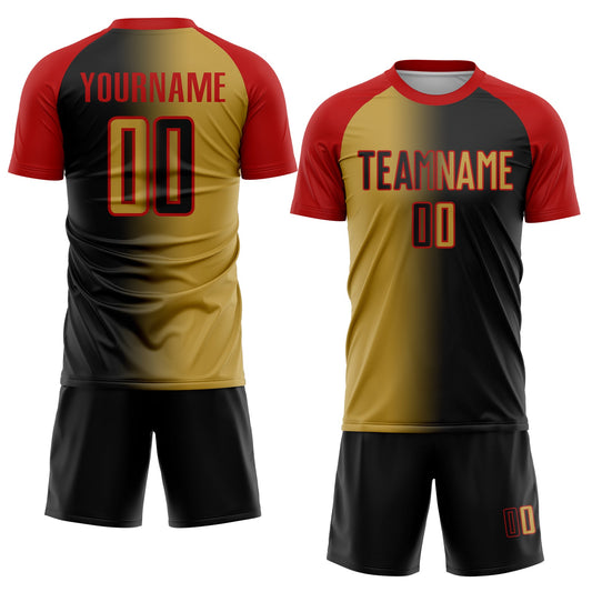 Custom Black Old Gold-Red Sublimation Gradient Fashion Soccer Uniform Jersey