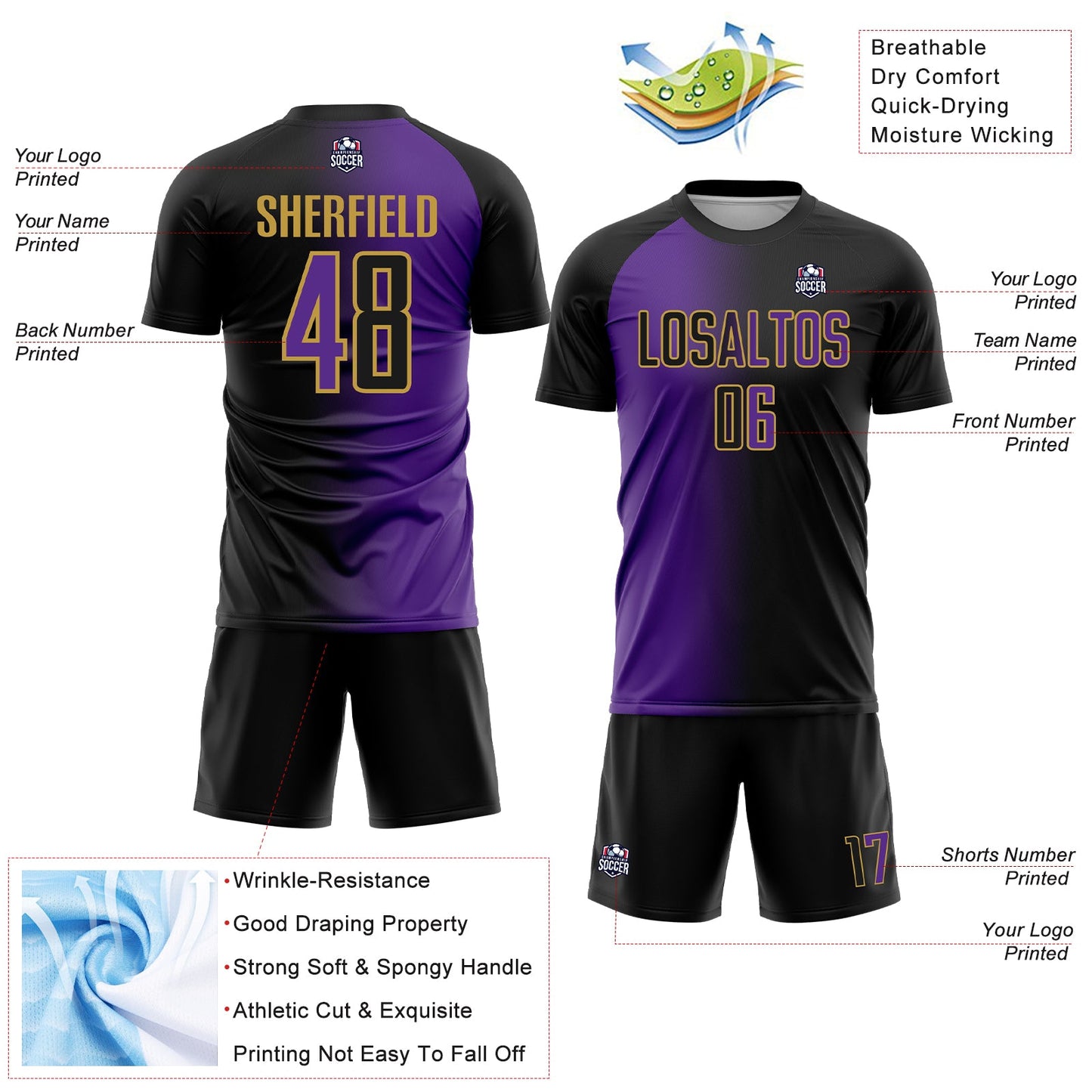 Custom Black Purple-Old Gold Sublimation Gradient Fashion Soccer Uniform Jersey