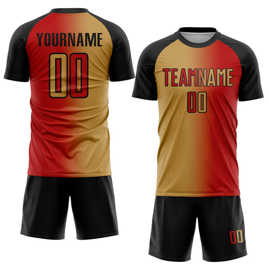 Custom Red Old Gold-Black Sublimation Gradient Fashion Soccer Uniform Jersey