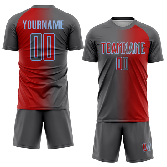 Custom Red Steel Gray-Light Blue Sublimation Gradient Fashion Soccer Uniform Jersey