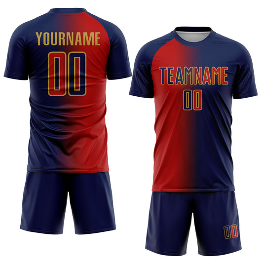 Custom Navy Red-Old Gold Sublimation Gradient Fashion Soccer Uniform Jersey