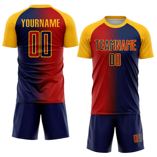 Custom Navy Red-Gold Sublimation Gradient Fashion Soccer Uniform Jersey