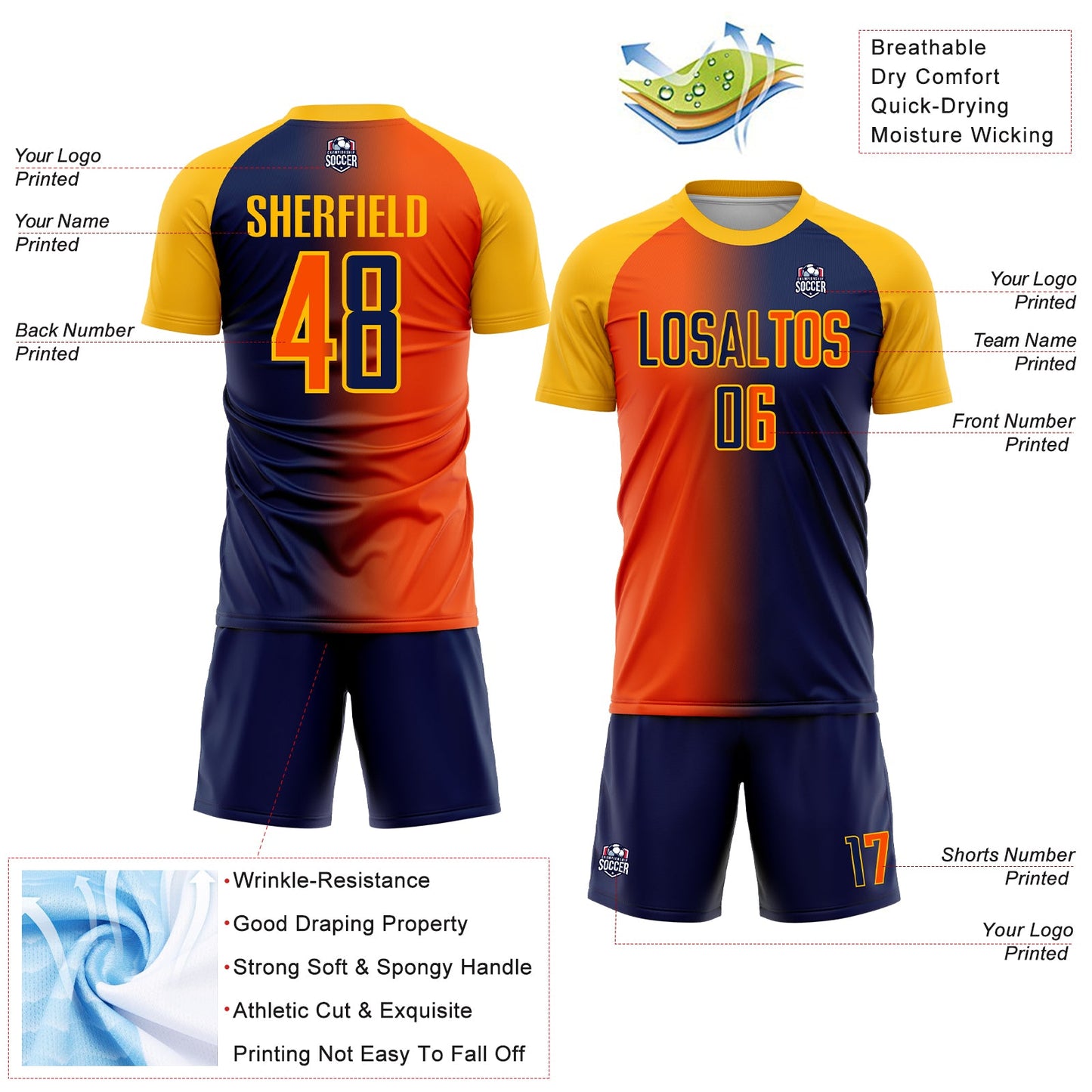 Custom Navy Orange-Gold Sublimation Gradient Fashion Soccer Uniform Jersey