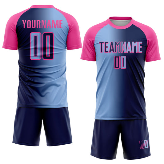 Custom Navy Light Blue-Pink Sublimation Gradient Fashion Soccer Uniform Jersey