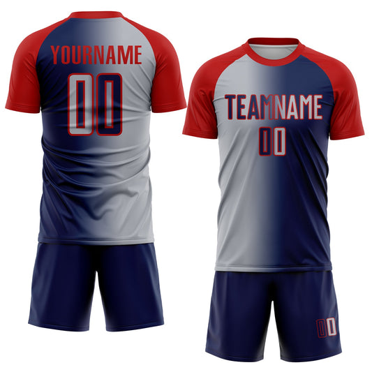 Custom Navy Gray-Red Sublimation Gradient Fashion Soccer Uniform Jersey