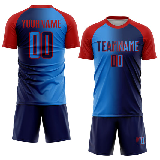 Custom Navy Powder Blue-Red Sublimation Gradient Fashion Soccer Uniform Jersey