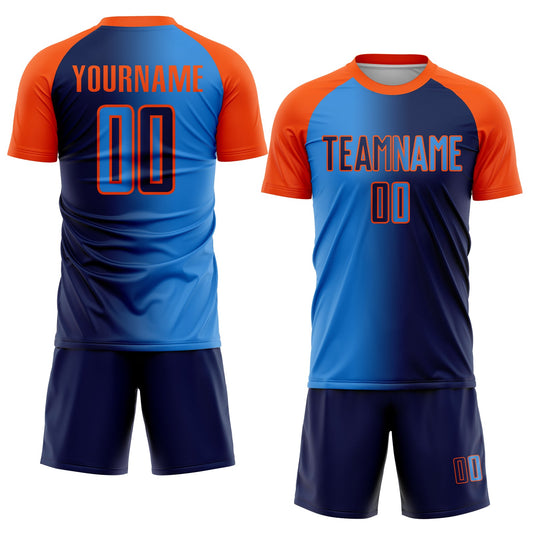 Custom Navy Powder Blue-Orange Sublimation Gradient Fashion Soccer Uniform Jersey