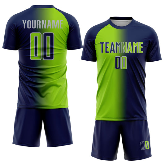 Custom Navy Neon Green-Gray Sublimation Gradient Fashion Soccer Uniform Jersey