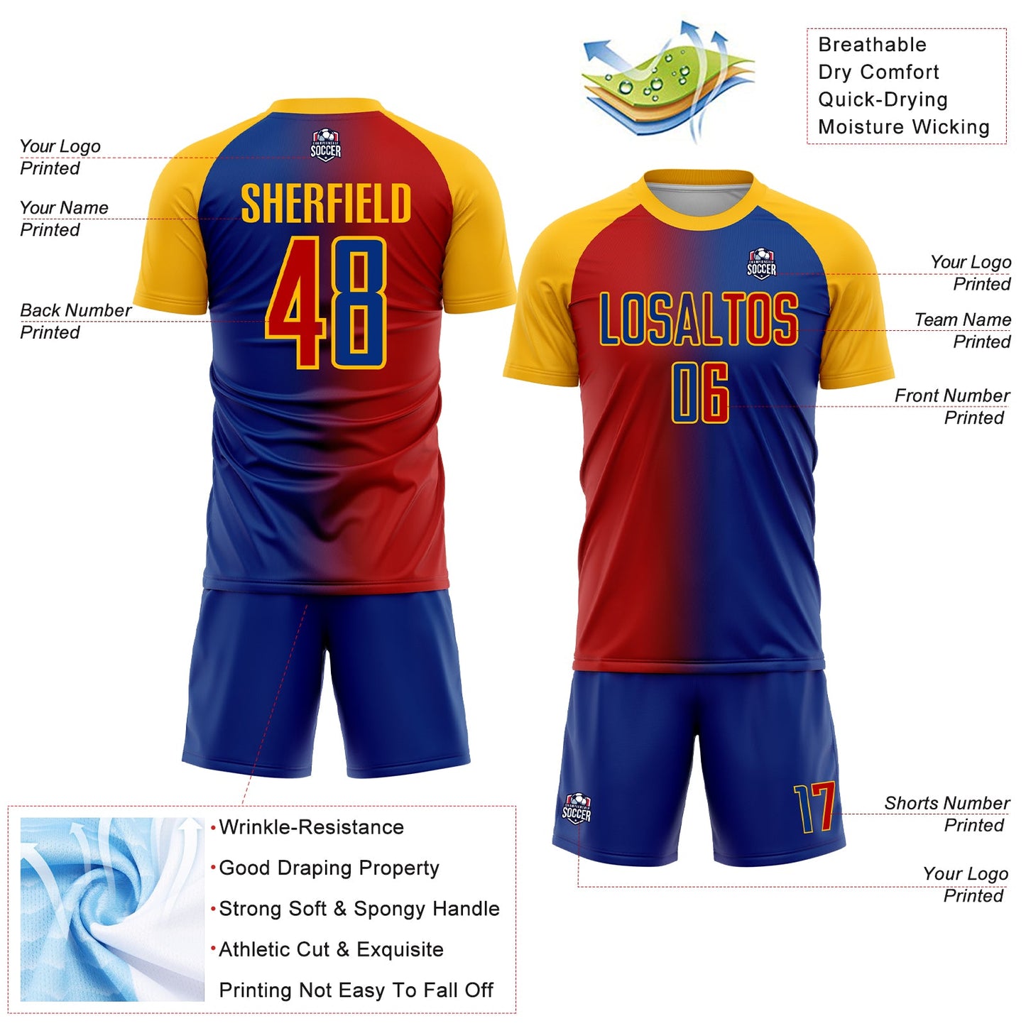 Custom Royal Red-Gold Sublimation Gradient Fashion Soccer Uniform Jersey