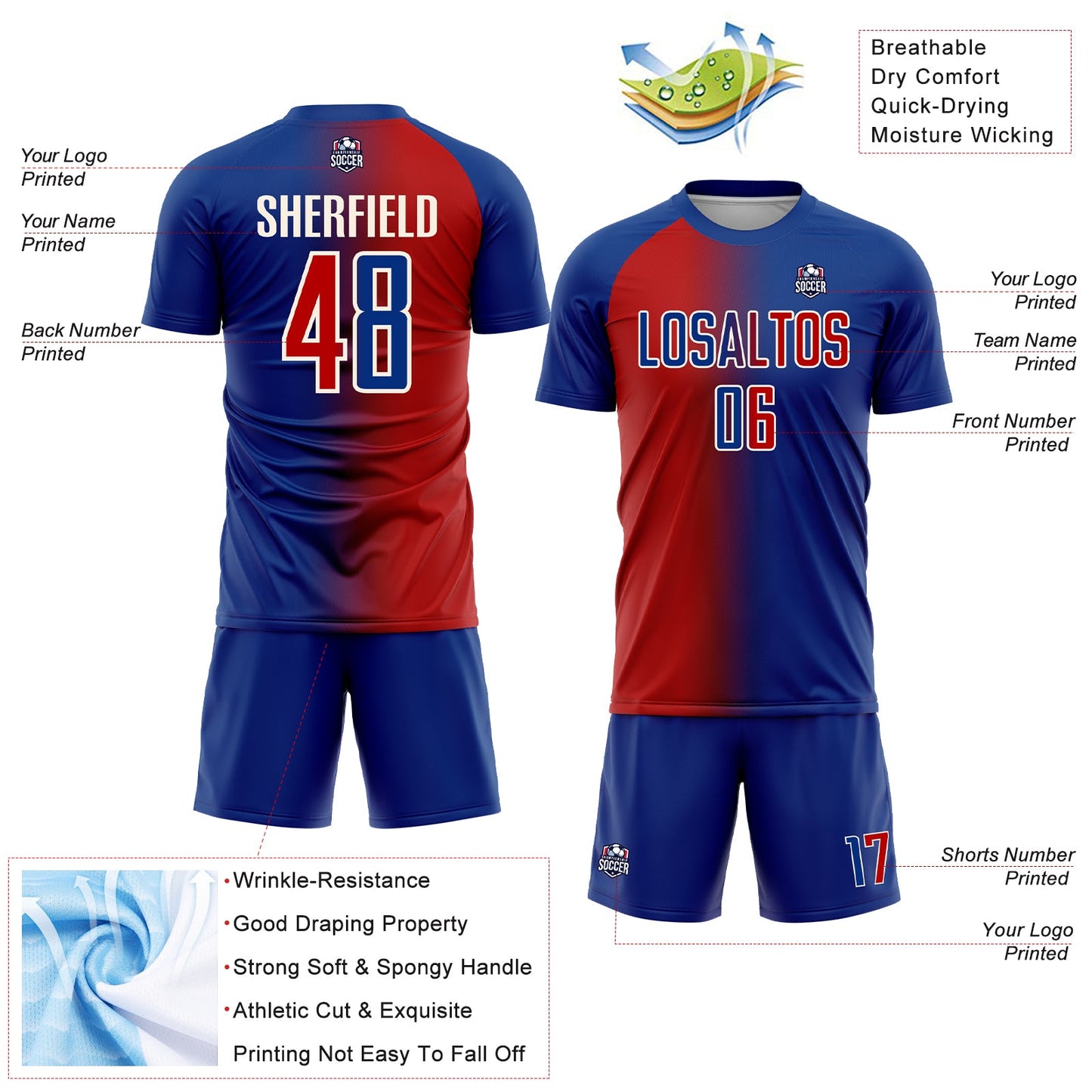 Custom Royal Red-Cream Sublimation Gradient Fashion Soccer Uniform Jersey