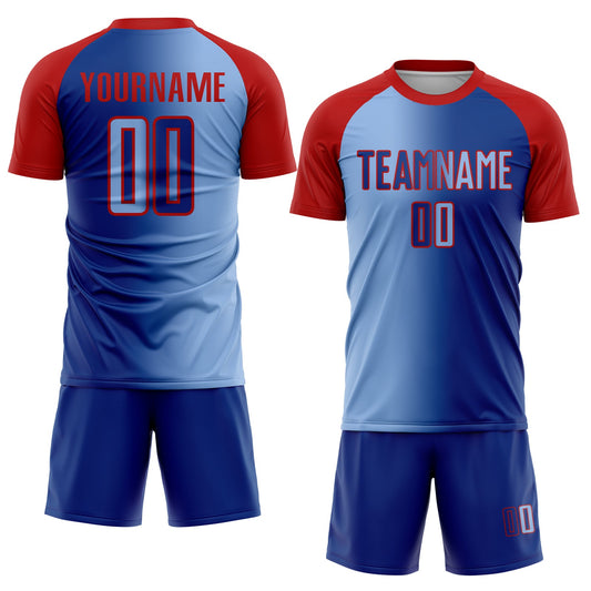 Custom Royal Light Blue-Red Sublimation Gradient Fashion Soccer Uniform Jersey