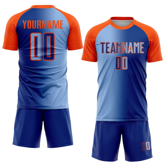 Custom Royal Light Blue-Orange Sublimation Gradient Fashion Soccer Uniform Jersey