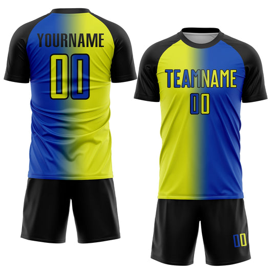 Custom Thunder Blue Neon Yellow-Black Sublimation Gradient Fashion Soccer Uniform Jersey