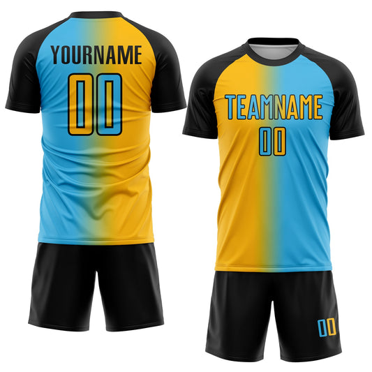 Custom Sky Blue Gold-Black Sublimation Gradient Fashion Soccer Uniform Jersey