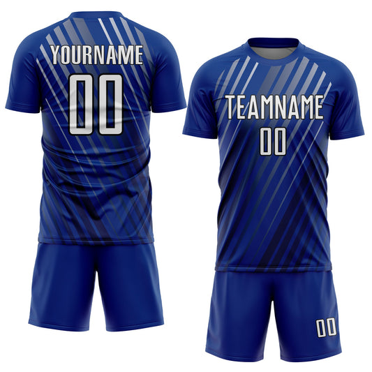Custom Royal White-Black Stripe Line Sublimation Soccer Uniform Jersey