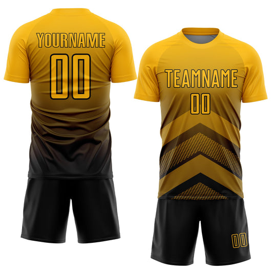 Custom Gold Black Gradient Arrow Geometric Shapes Sublimation Soccer Uniform Jersey