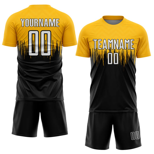 Custom Gold White-Black Gradient Dripping Splatter Art Sublimation Soccer Uniform Jersey